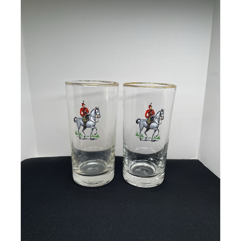 Vintage‎ 1953 Libbey Cavalry Scottish Highlander Pilsner Glasses Gold Trim Set 2